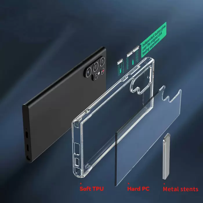 Samsung Galaxy S22 Ultra Kılıf Standlı Şeffaf Silikon Lopard L-Stand Kapak