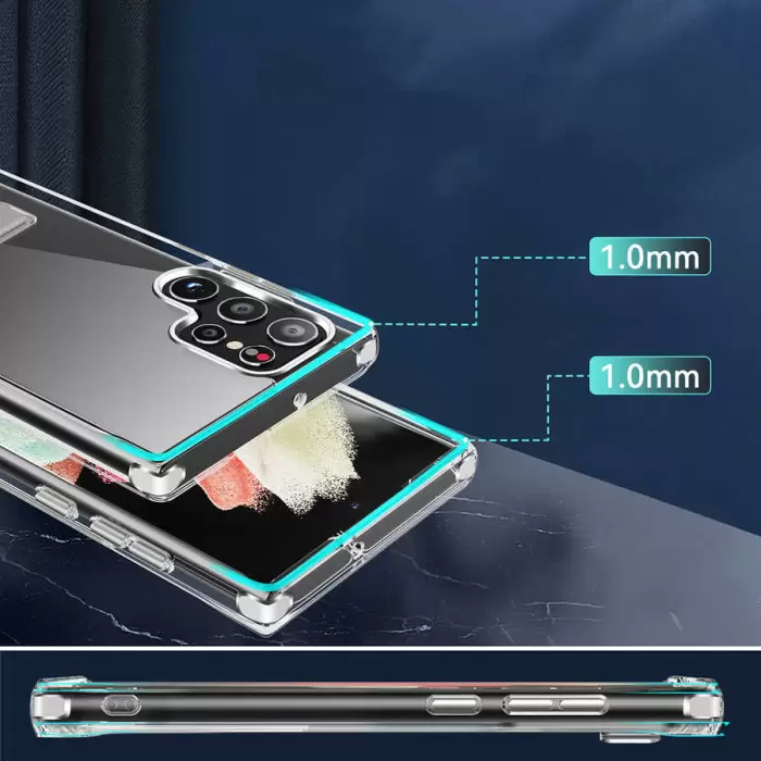 Samsung Galaxy S22 Ultra Kılıf Standlı Şeffaf Silikon Lopard L-Stand Kapak
