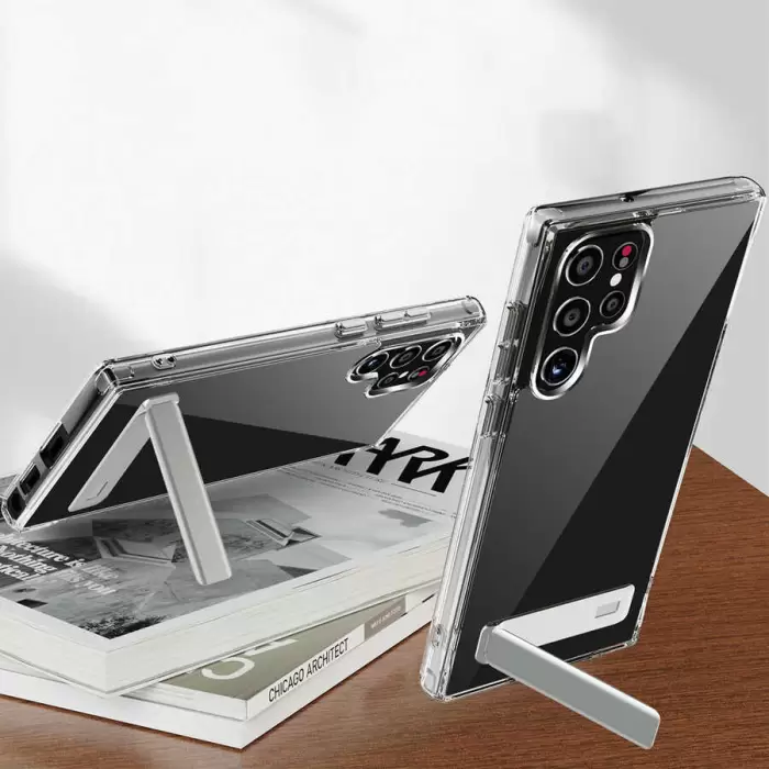 Samsung Galaxy S22 Ultra Kılıf Standlı Şeffaf Silikon  L-Stand Kapak