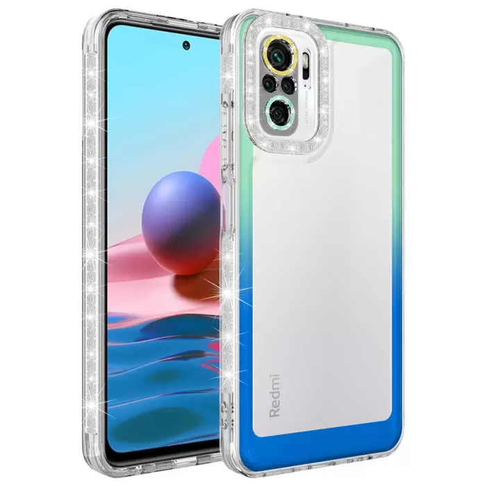 Xiaomi Redmi Note 10S Kılıf Simli ve Renk Geçiş Tasarımlı Lens Korumalı Lopard Park Kapak