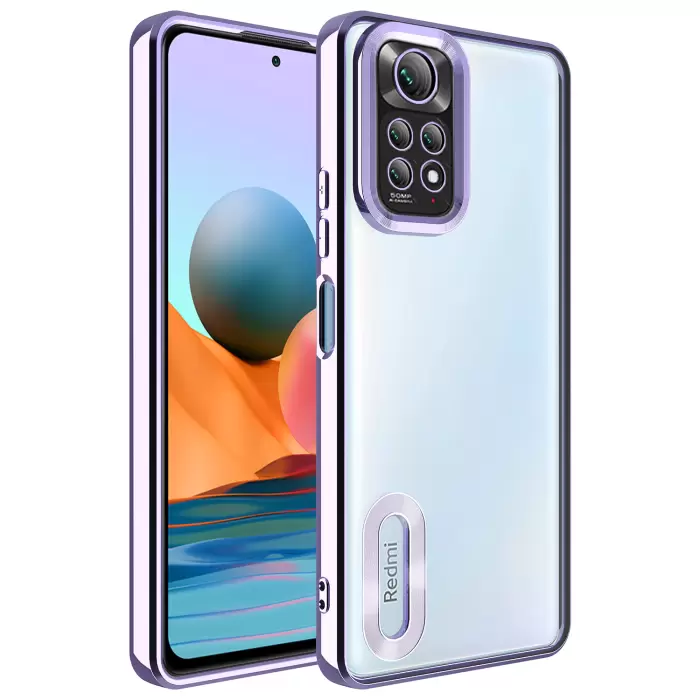 Xiaomi Redmi Note 11 Global Kamera Lens Korumalı Şeffaf Renkli Logo Gösteren Parlak Omega Kapak