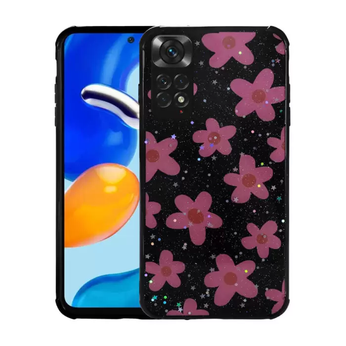 Xiaomi Redmi Note 11 Global Kılıf Simli Desenli Kamera Korumalı Parlak Lopard Popy Kapak