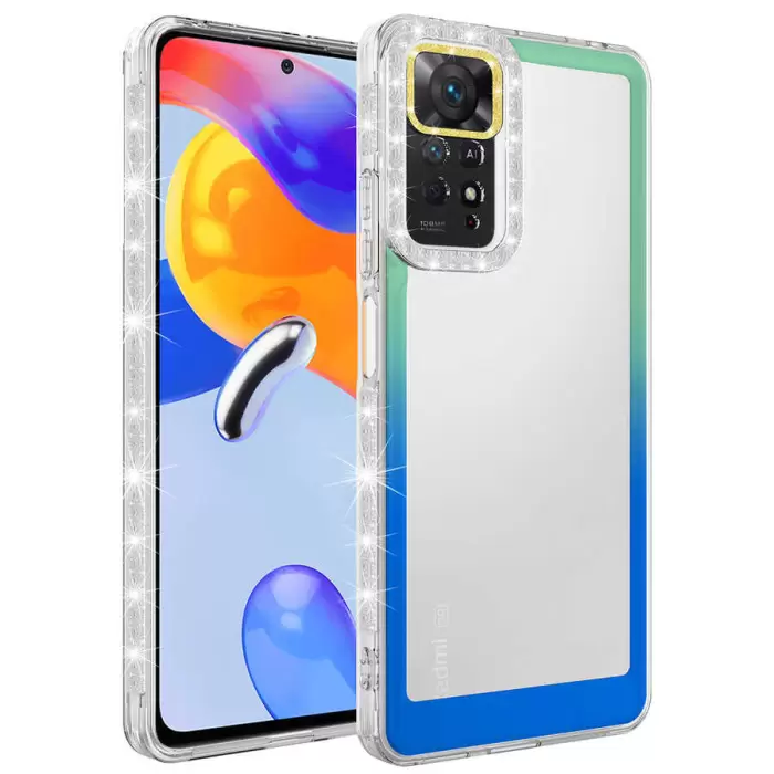 Xiaomi Redmi Note 11S Global Kılıf Simli ve Renk Geçiş Tasarımlı Lens Korumalı Lopard Park Kapak