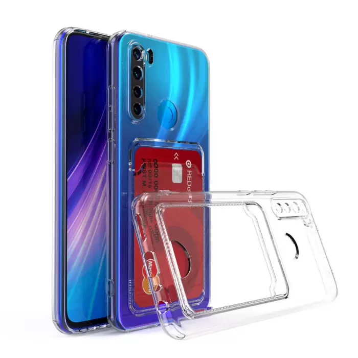 Xiaomi Redmi Note 8 Kılıf Şeffaf Renksiz Kartlıklı Cüzdanlı Kamera Korumalı Esnek Silikon Kapak Setra