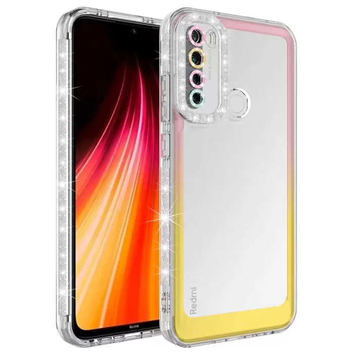 Xiaomi Redmi Note 8 Kılıf Simli ve Renk Geçiş Tasarımlı Lens Korumalı Lopard Park Kapak