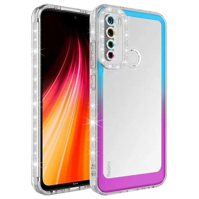 Xiaomi Redmi Note 8 Kılıf Simli ve Renk Geçiş Tasarımlı Lens Korumalı Lopard Park Kapak