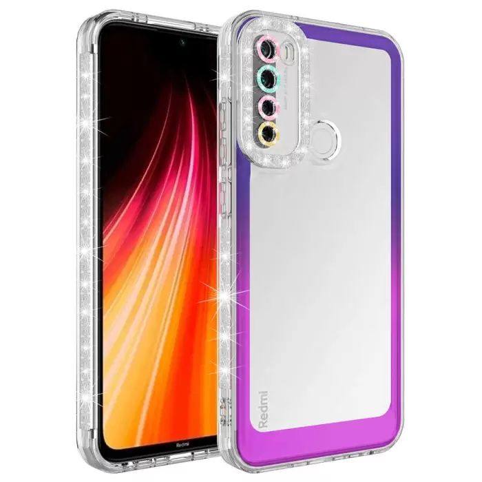 Xiaomi Redmi Note 8 Kılıf Simli ve Renk Geçiş Tasarımlı Lens Korumalı  Park Kapak