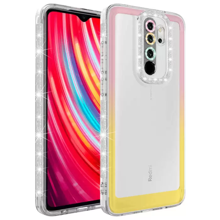 Xiaomi Redmi Note 8 Pro Kılıf Simli ve Renk Geçiş Tasarımlı Lens Korumalı Lopard Park Kapak