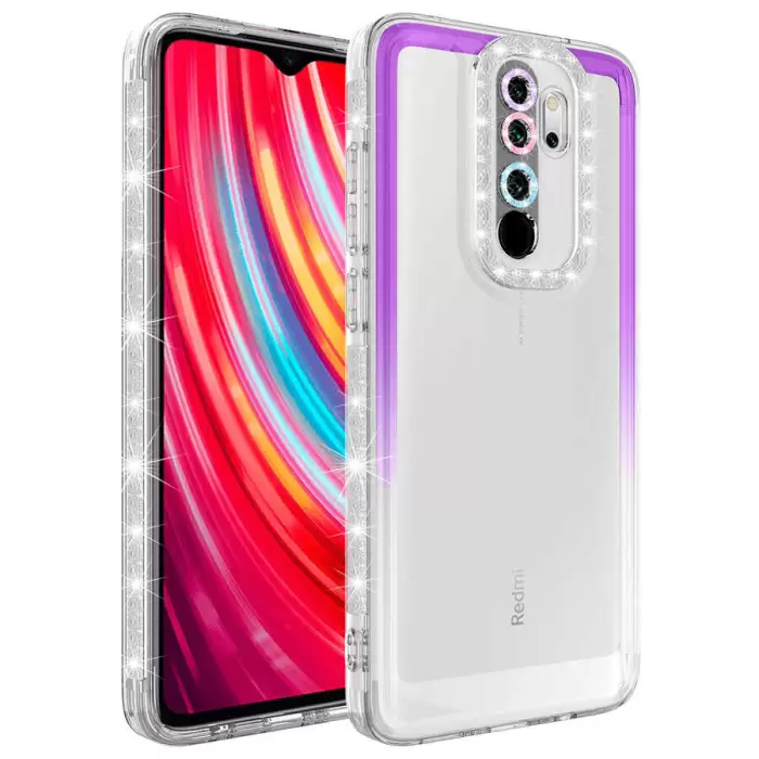 Xiaomi Redmi Note 8 Pro Kılıf Simli ve Renk Geçiş Tasarımlı Lens Korumalı  Park Kapak