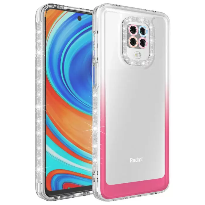 Xiaomi Redmi Note 9S Kılıf Simli ve Renk Geçiş Tasarımlı Lens Korumalı Lopard Park Kapak