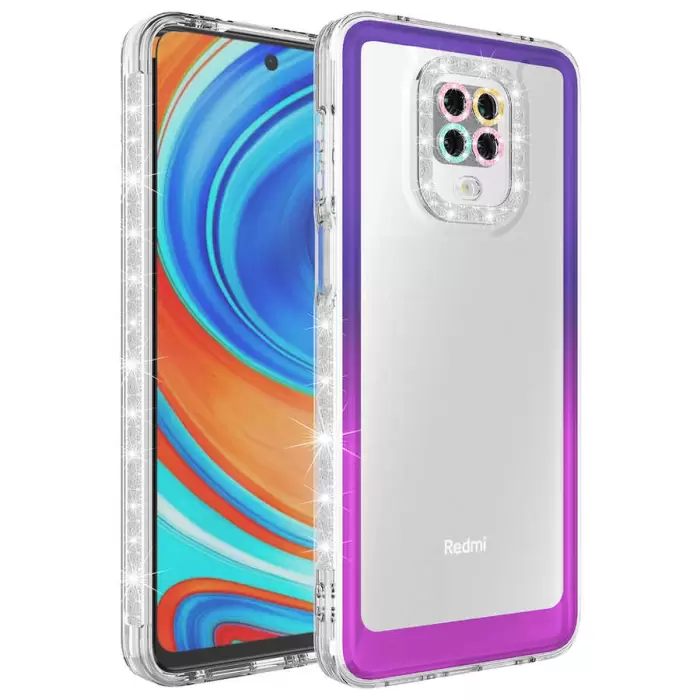 Xiaomi Redmi Note 9S Kılıf Simli ve Renk Geçiş Tasarımlı Lens Korumalı  Park Kapak