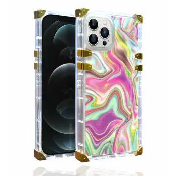 iPhone 12 Pro Uyumlu Kılıf Parlak Lüks Airbag Renkli Ebru Tasarım Kapak Ples