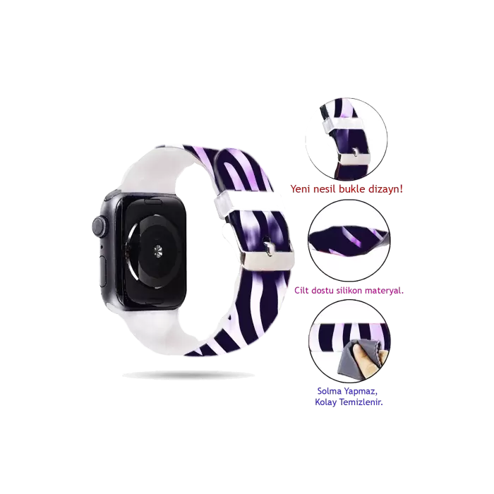 Apple Watch 2 3 4 5 6 7 8 Se 38 40 41mm Mor Zebra Desenli Kordon Kayış Bileklik Kaliteli Silikon 003