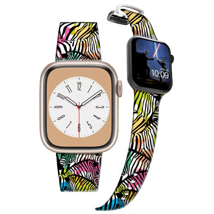 Apple Watch 2 3 4 5 6 7 8 Se 42 44 45mm Renkli Zebra Desenli Kordon Kayış Bileklik Kaliteli Silikon