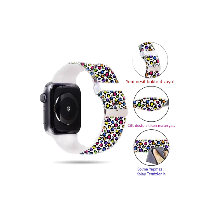 Apple Watch 2 3 4 5 6 7 8 Se 42 44 45mm Renkli Kaplan Desenli Kordon Kayış Bileklik Kaliteli Silikon