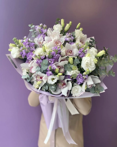 Orkideli Beyaz Lila Buket