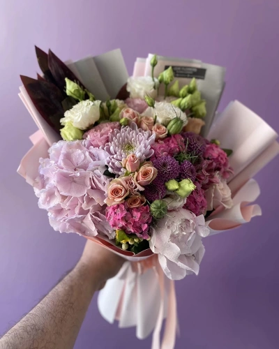 Şakayıklı Ortancalı Karışık Pembe Renkli Buket