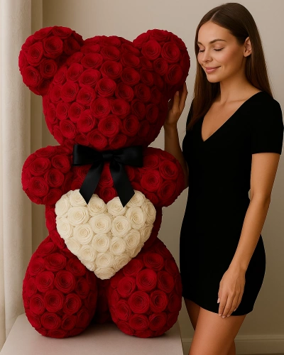 Kırmızı Beyaz Şoklu Gül Ayıcık Aranjmanı