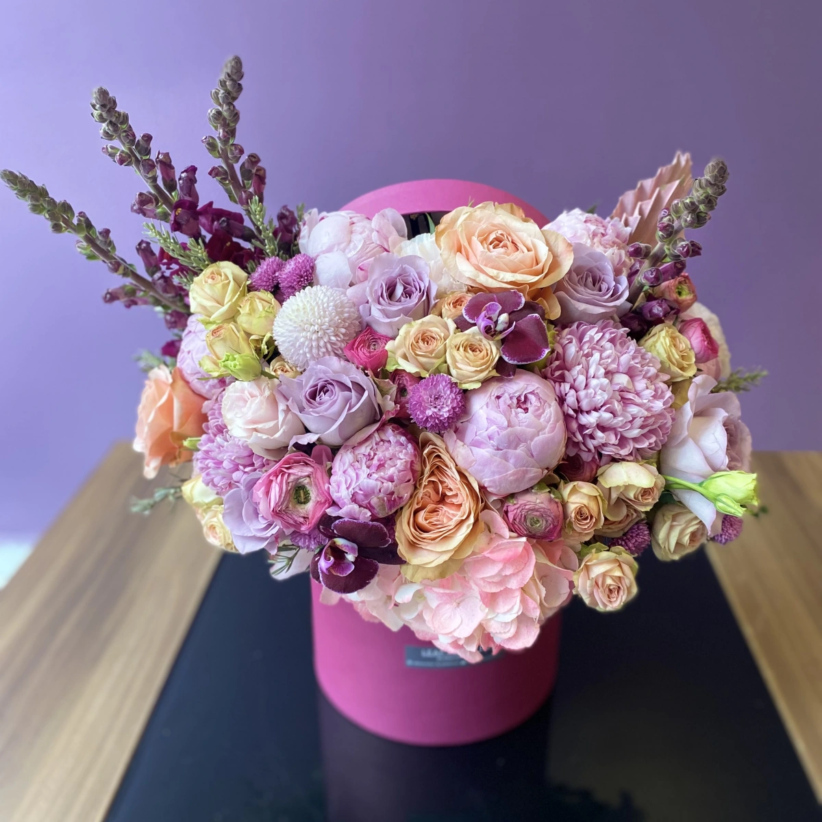 Arrangement with Peonies in a Box
