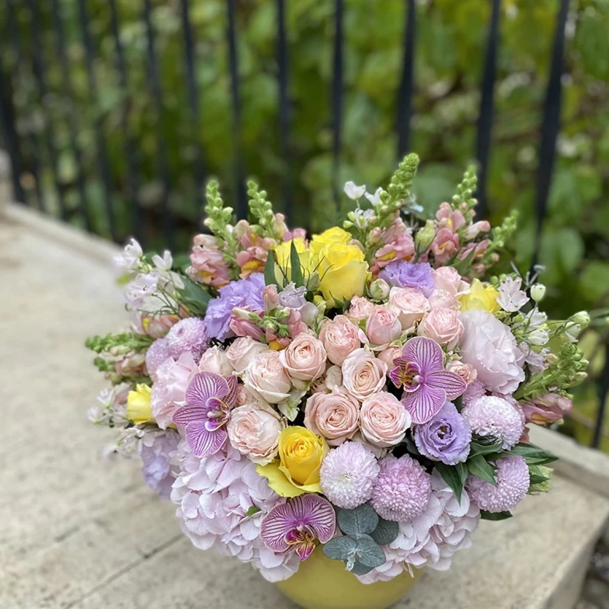 Colorful Arrangement in Yellow Vase