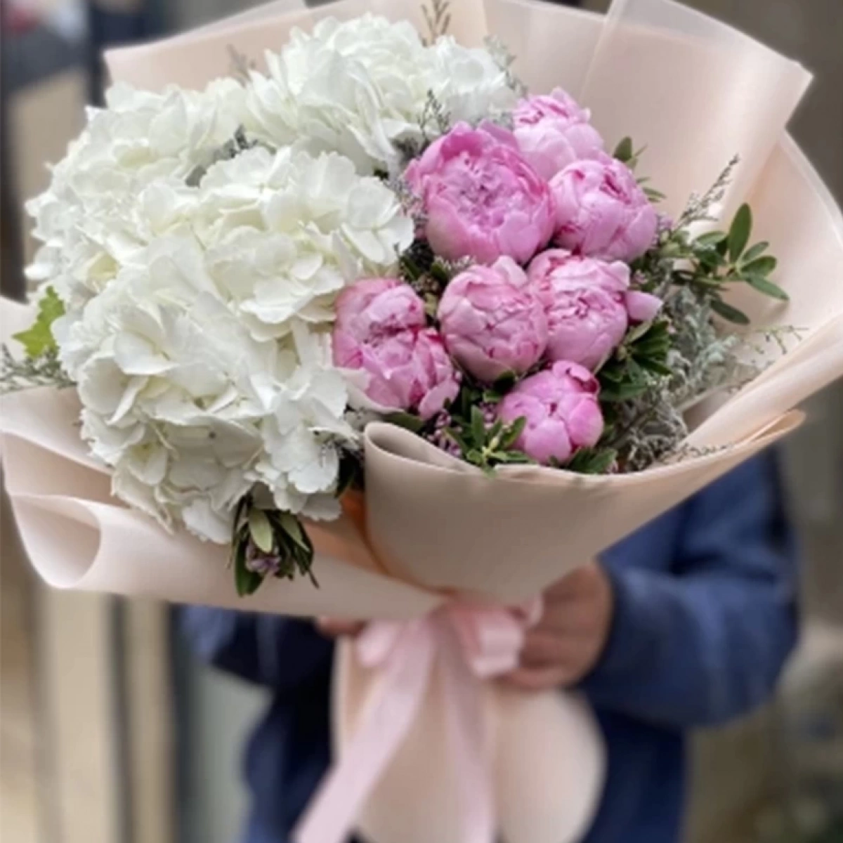 White Hydrangea Pink Peony Bouquet