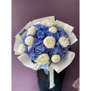 Blue Hydrangea White Peony Bouquet