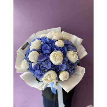 Blue Hydrangea White Peony Bouquet