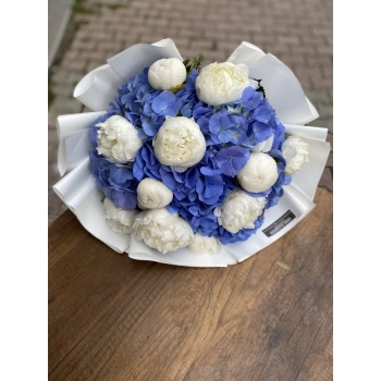 Blue Hydrangea White Peony Bouquet