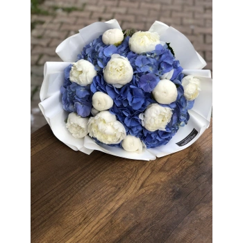Blue Hydrangea White Peony Bouquet