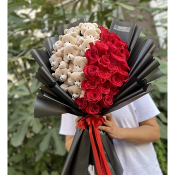 Red Rose Bouquet with Plush Teddy Bears