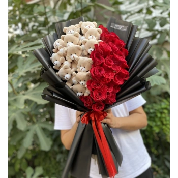 Red Rose Bouquet with Plush Teddy Bears