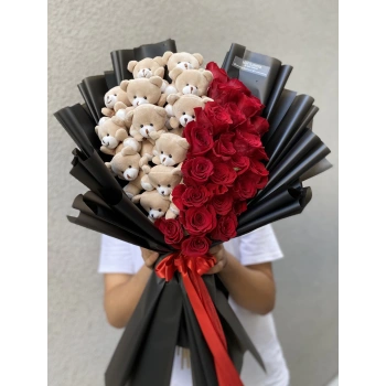 Red Rose Bouquet with Plush Teddy Bears