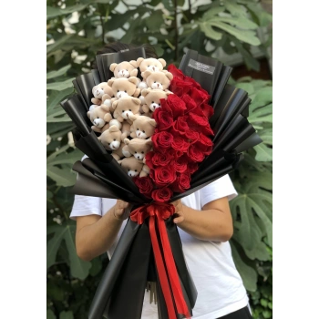 Red Rose Bouquet with Plush Teddy Bears