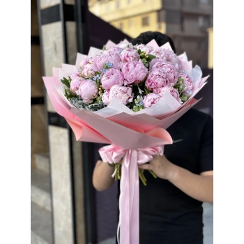 Pink Peonies and Blue Flowers
