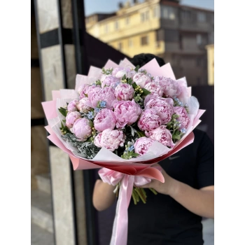Pink Peonies and Blue Flowers