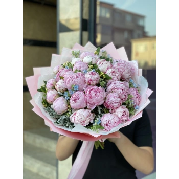 Pink Peonies and Blue Flowers