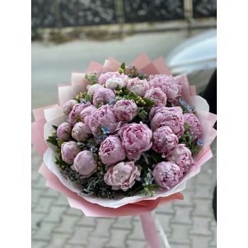Pink Peonies and Blue Flowers