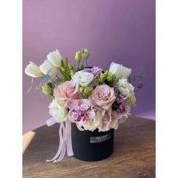 Pink White Mini Arrangement in Black Box