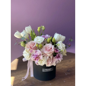 Pink White Mini Arrangement in Black Box