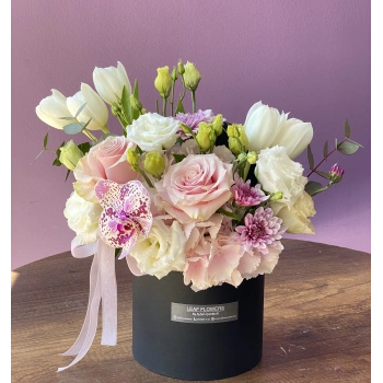 Pink White Mini Arrangement in Black Box