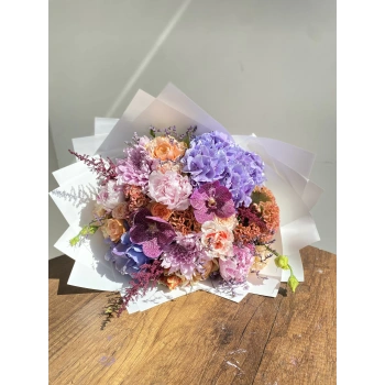Bouquet with Peonies in Lilac, Pink and Orange