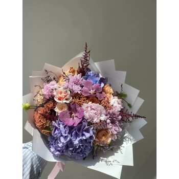 Bouquet with Peonies in Lilac, Pink and Orange