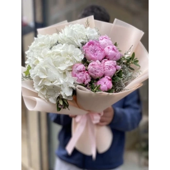 White Hydrangea Pink Peony Bouquet