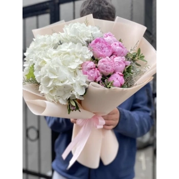 White Hydrangea Pink Peony Bouquet