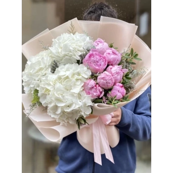 White Hydrangea Pink Peony Bouquet