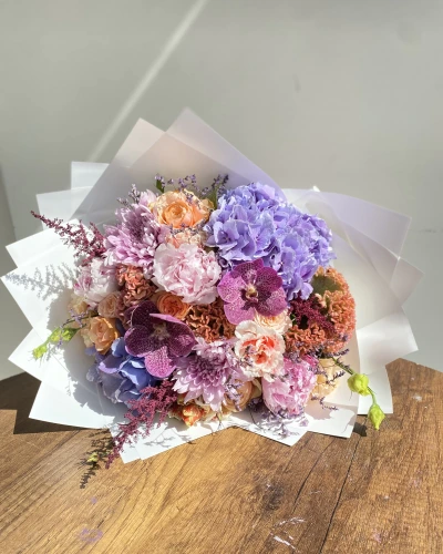 Şakayıklı Lila Pembe Turuncu Buket