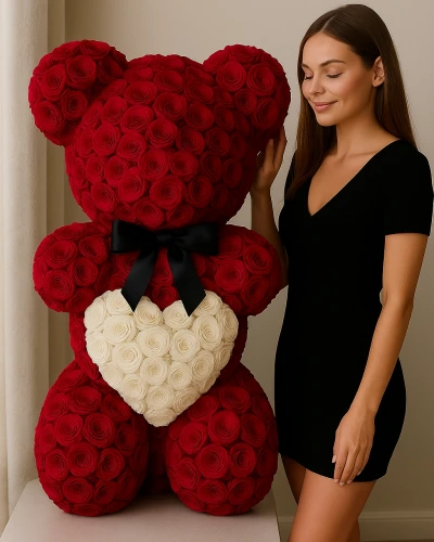 Kırmızı Beyaz Şoklu Gül Ayıcık Aranjmanı