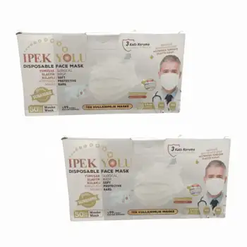 Medikal Tek Kullanımlık Maske 3 Katlı Telli Meltblown Filtreli Beyaz 50li Kutu x 2 Kutu