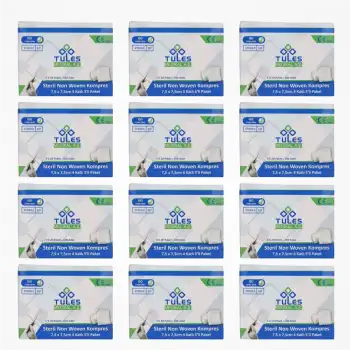 Tules Steril Non Woven Kompres 7,5 cm x 7,5 cm 4 Katlı (5’li Zarf) 100’lü Kutu - 12 Kutu