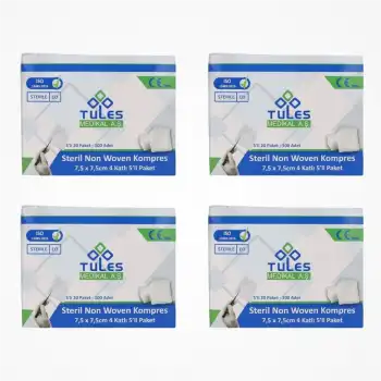 Tules Steril Non Woven Kompres 7,5 cm x 7,5 cm 4 Katlı (5’li Zarf) 100’lü Kutu - 4 Kutu